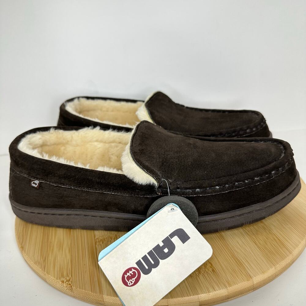 LAMO Harrison Suede Moccasin Slipper Fur Lined Brown Leather Mens Size 12 NEW